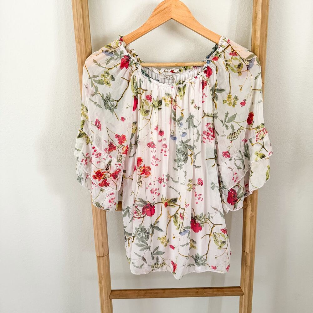 Bellambra 100% Silk Floral Peasant Blouse Bell Sleeve White Pink Green Small